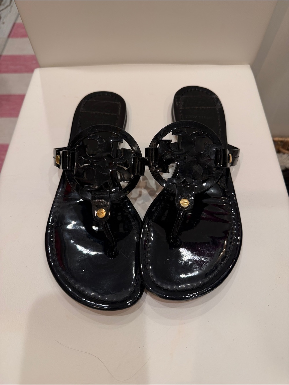 Tory Burch Black Patent Logo Thong Sandals